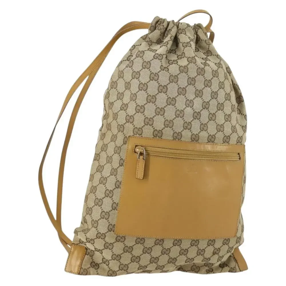Gucci Beige GG Canvas Drawstring Backpack with Tan Leather Trim